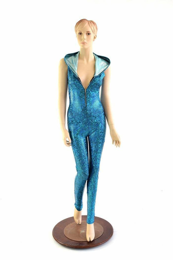 Turquoise Holographic Zipper Hoodie Catsuit - Coquetry Clothing