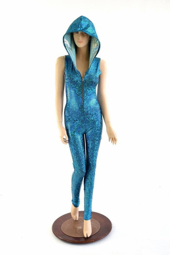 Turquoise Holographic Zipper Hoodie Catsuit - Coquetry Clothing