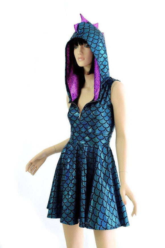 Turquoise Scale Zipper Front Skater Dress - Coquetry Clothing