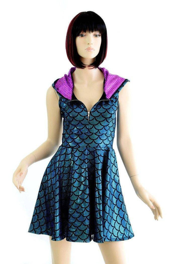 Turquoise Scale Zipper Front Skater Dress - 7