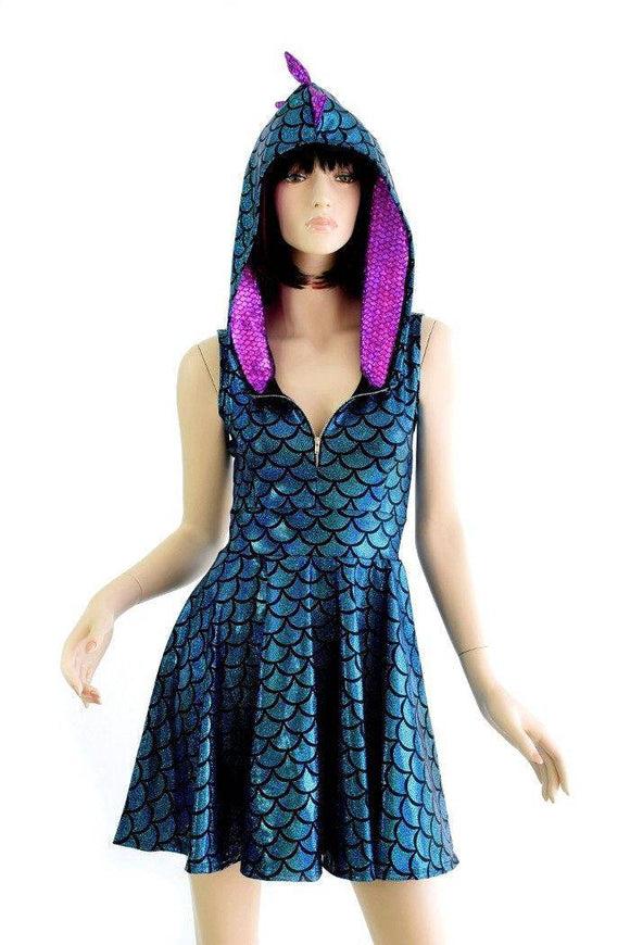Turquoise Scale Zipper Front Skater Dress - Coquetry Clothing