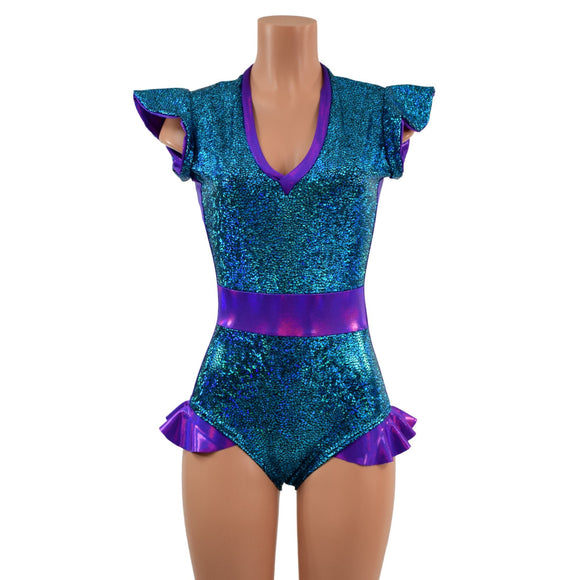 Turquoise Shattered Glass and Grape Holo Flip Sleeve Paneled Romper - Coquetry Clothing