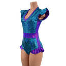 Turquoise Shattered Glass and Grape Holo Flip Sleeve Paneled Romper - Coquetry Clothing