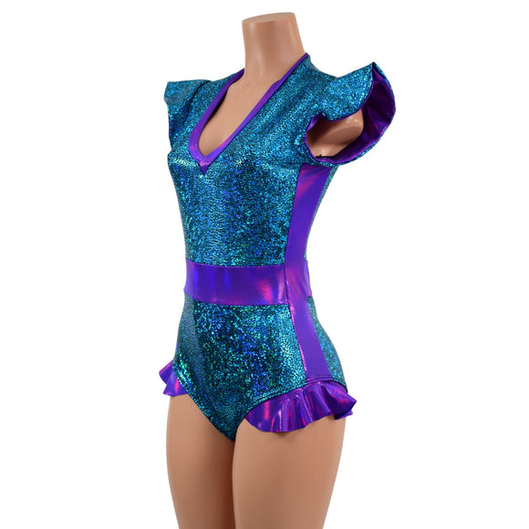 Turquoise Shattered Glass and Grape Holo Flip Sleeve Paneled Romper - Coquetry Clothing