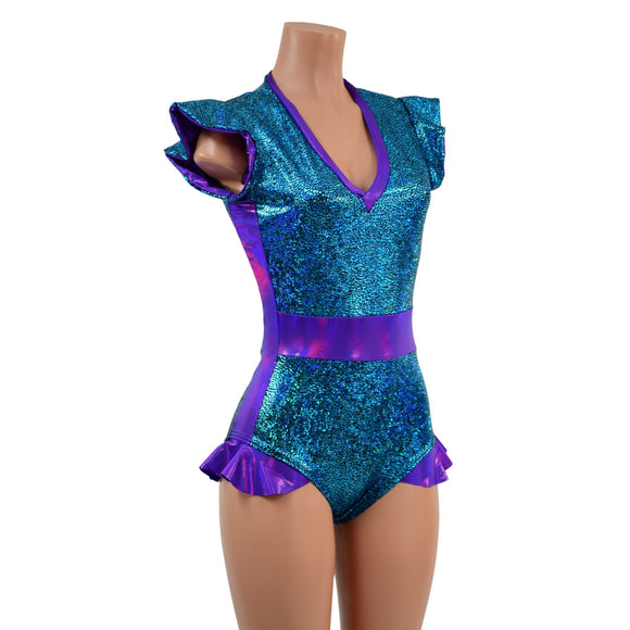 Turquoise Shattered Glass and Grape Holo Flip Sleeve Paneled Romper - Coquetry Clothing