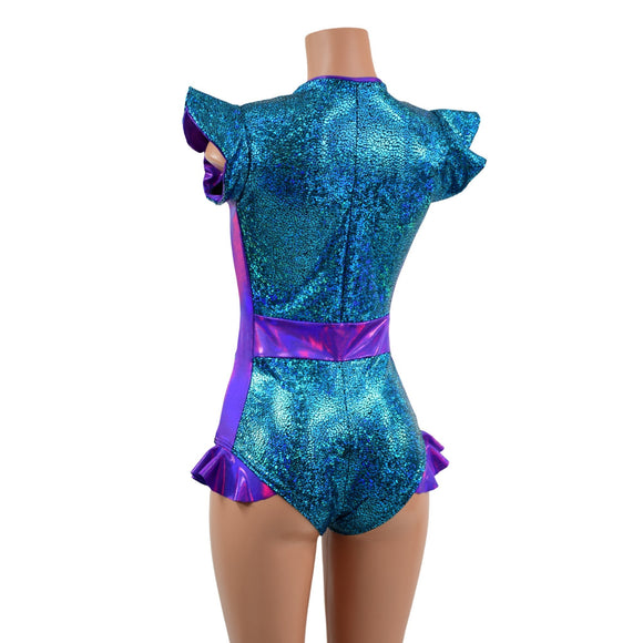 Turquoise Shattered Glass and Grape Holo Flip Sleeve Paneled Romper - Coquetry Clothing
