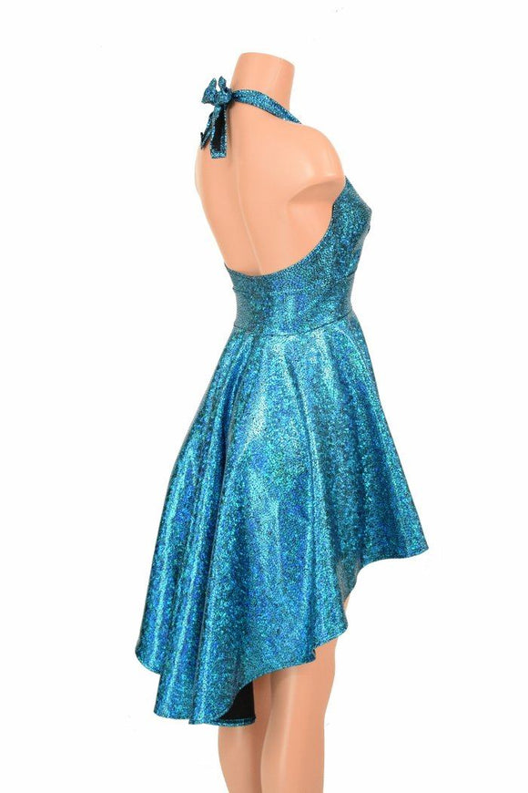 Turquoise Shattered Glass Hi Lo Halter Skater Dress - Coquetry Clothing