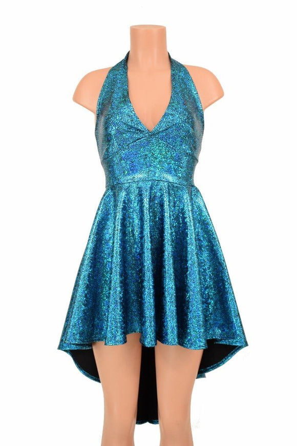 Turquoise Shattered Glass Hi Lo Halter Skater Dress - Coquetry Clothing
