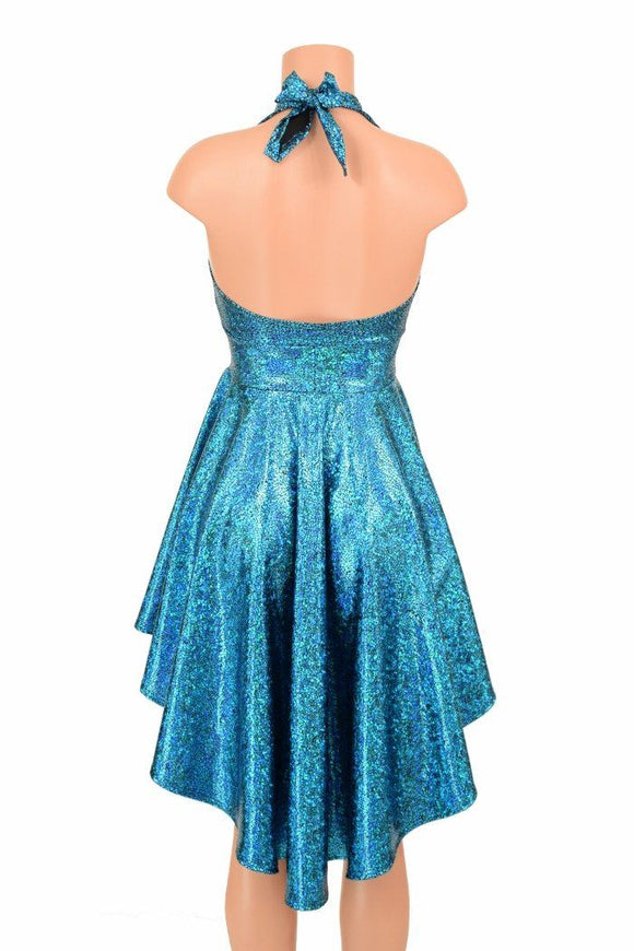 Turquoise Shattered Glass Hi Lo Halter Skater Dress - Coquetry Clothing