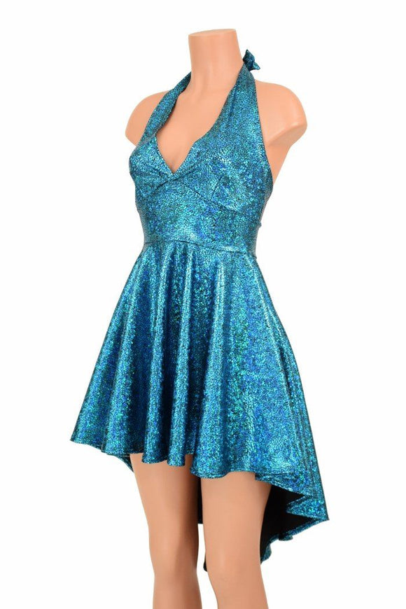 Turquoise Shattered Glass Hi Lo Halter Skater Dress - Coquetry Clothing