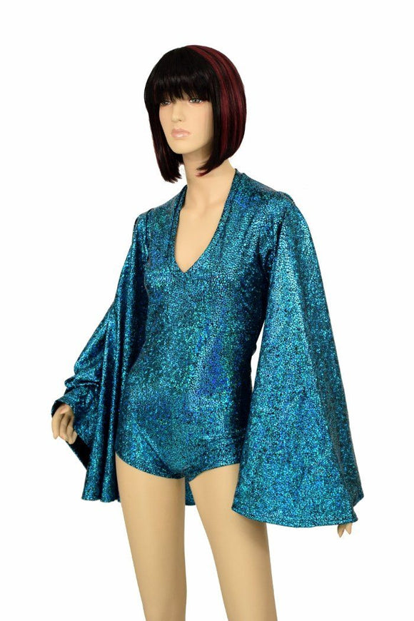 Turquoise V Neck Fan Sleeve Romper - Coquetry Clothing