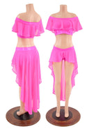 Neon Pink Sheer Mesh Off Shoulder Top & Shorts Set - 1