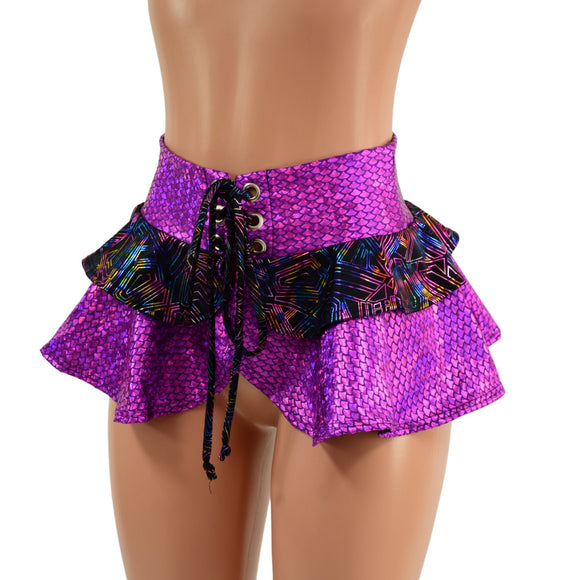 Ultra Mini Open Front Lace Up Skirt with Tiered Double Ruffle in 10" Length - Coquetry Clothing