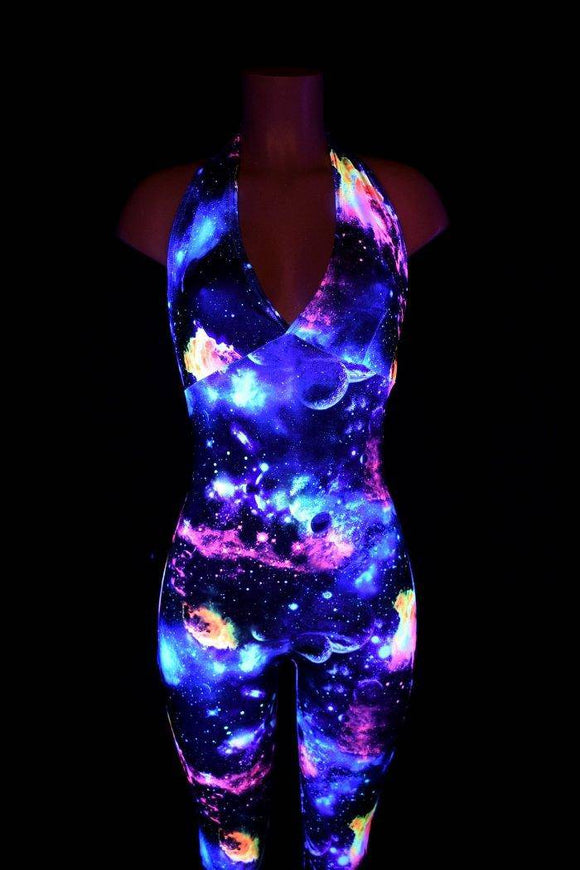 UV Glow Galaxy Print Halter Catsuit - Coquetry Clothing