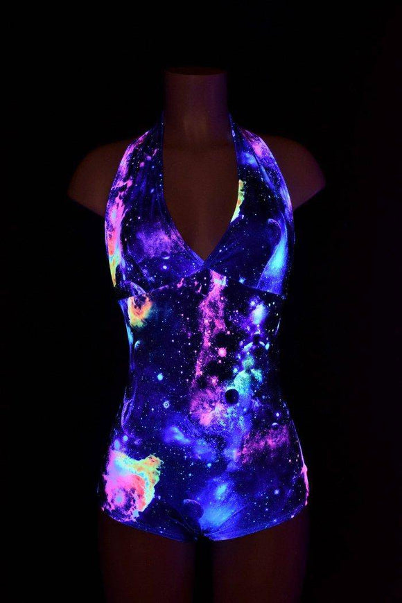UV Glow Galaxy Print "Monroe" Halter Romper - Coquetry Clothing
