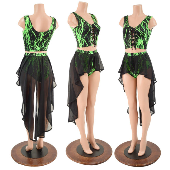 UV Glow Green Lighting Laceup Set with Mesh Hi Lo - Coquetry Clothing