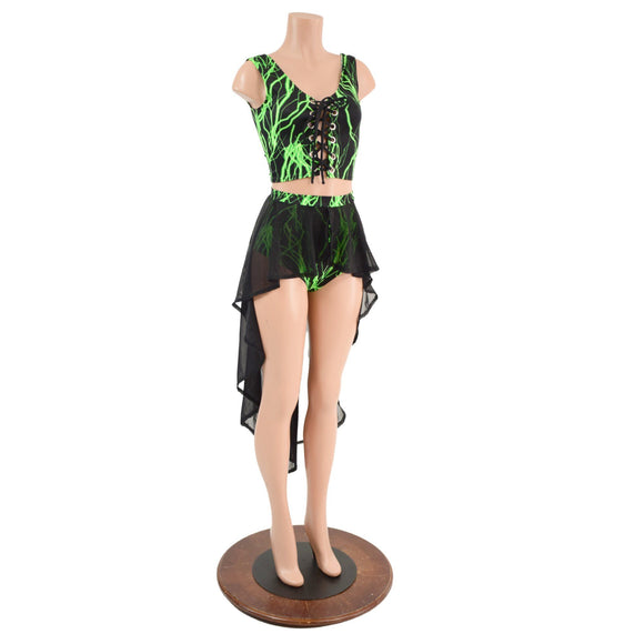 UV Glow Green Lighting Laceup Set with Mesh Hi Lo - Coquetry Clothing