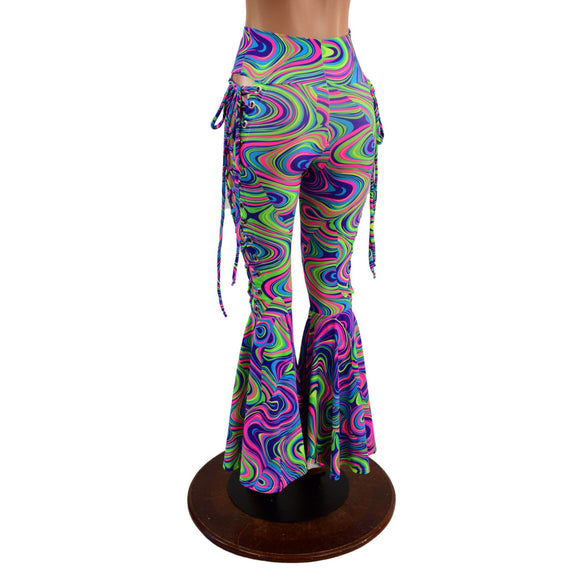 UV Glow Lace Up High Waist Bell Bottom Flares in Glow Worm - Coquetry Clothing