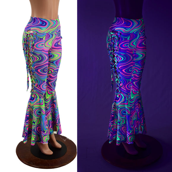 UV Glow Lace Up High Waist Bell Bottom Flares in Glow Worm - Coquetry Clothing