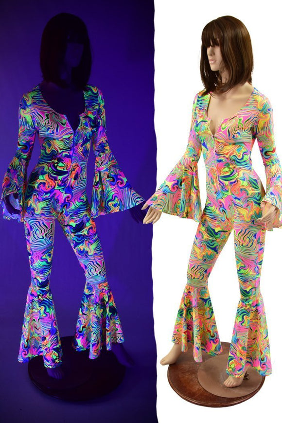 UV Glow Neon Flux Bell Bottom Catsuit - Coquetry Clothing