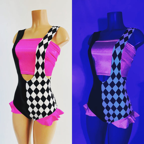 UV Glow Split Color Suspender Romper with Hip Ruffles and Tube Top - Coquetry Clothing