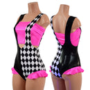 UV Glow Split Color Suspender Romper with Hip Ruffles and Tube Top - Coquetry Clothing
