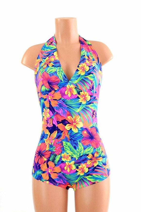 UV Tahitian Floral Print "Monroe" Halter Romper - Coquetry Clothing