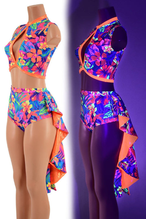 Neon UV Glow 2PC Keyhole Top and Tuxedo Siren Shorts Set - Coquetry Clothing