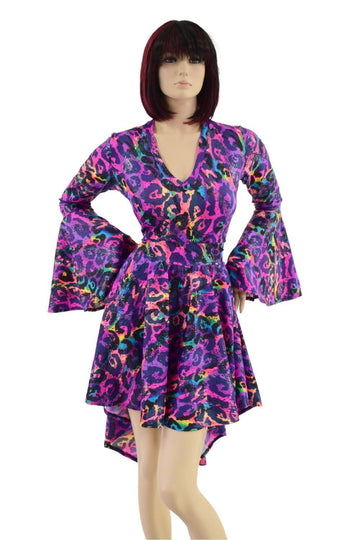 V Neck Hi Lo Skater Dress with Trumpet Sleeves - Coquetry Clothing