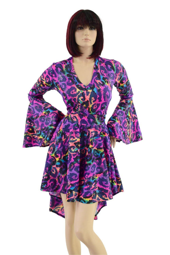 V Neck Hi Lo Skater Dress with Trumpet Sleeves - Coquetry Clothing