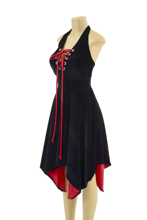 Velvet Handkerchief Hemline Halter Dress with Laceup Neckline - Coquetry Clothing