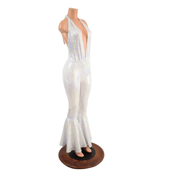 White Kaleidoscope Josie Halter Bell Bottom Flare Catsuit - Coquetry Clothing
