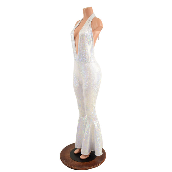 White Kaleidoscope Josie Halter Bell Bottom Flare Catsuit - Coquetry Clothing