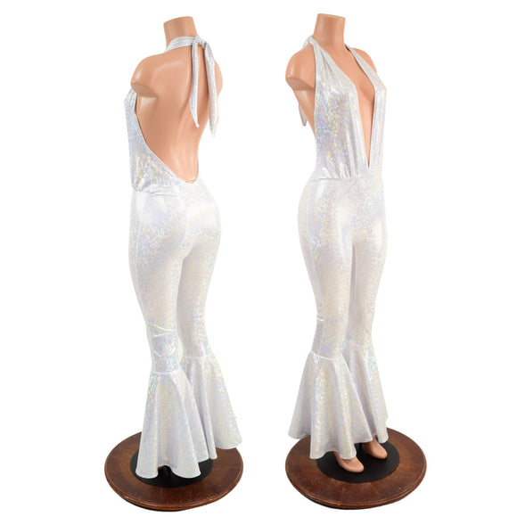 White Kaleidoscope Josie Halter Bell Bottom Flare Catsuit - Coquetry Clothing