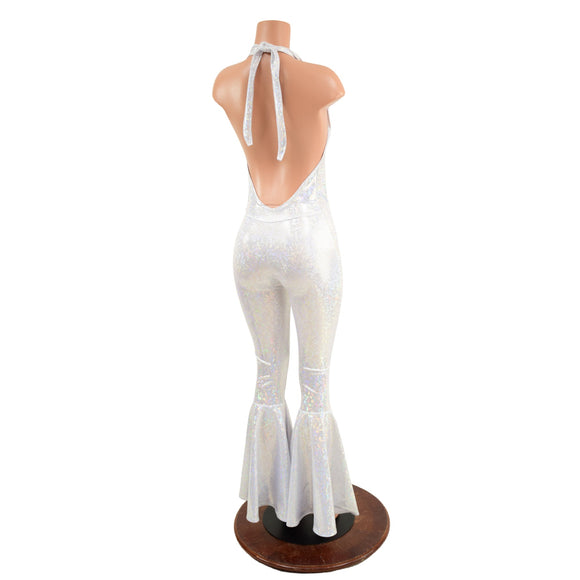 White Kaleidoscope Josie Halter Bell Bottom Flare Catsuit - Coquetry Clothing