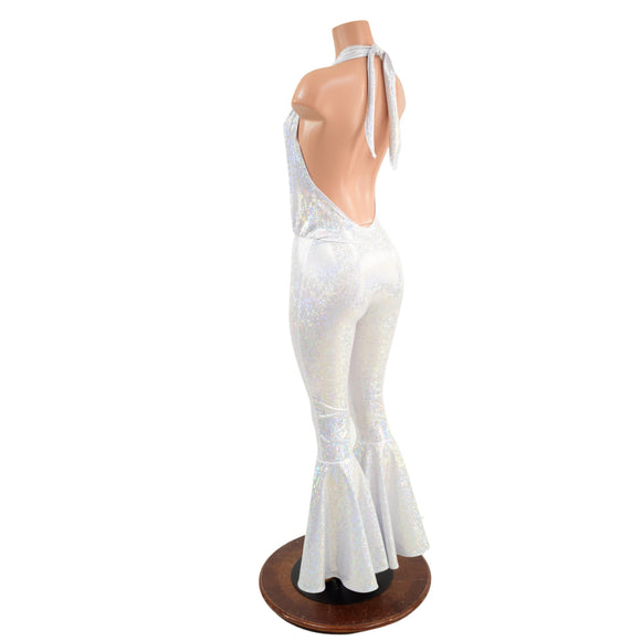 White Kaleidoscope Josie Halter Bell Bottom Flare Catsuit - Coquetry Clothing