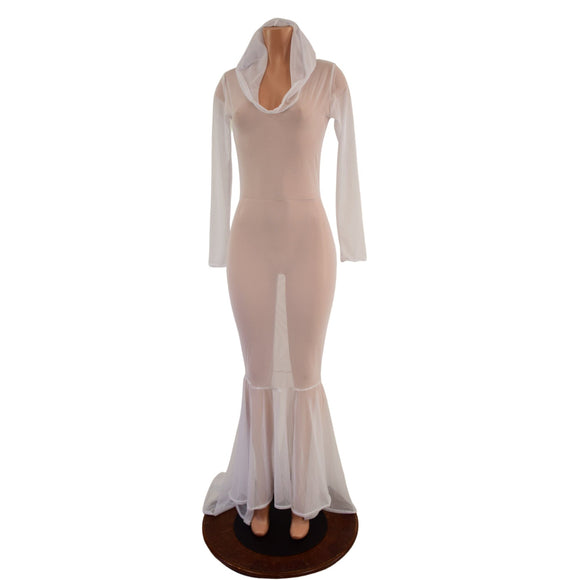 White Mesh Puddle Train Gown - Coquetry Clothing