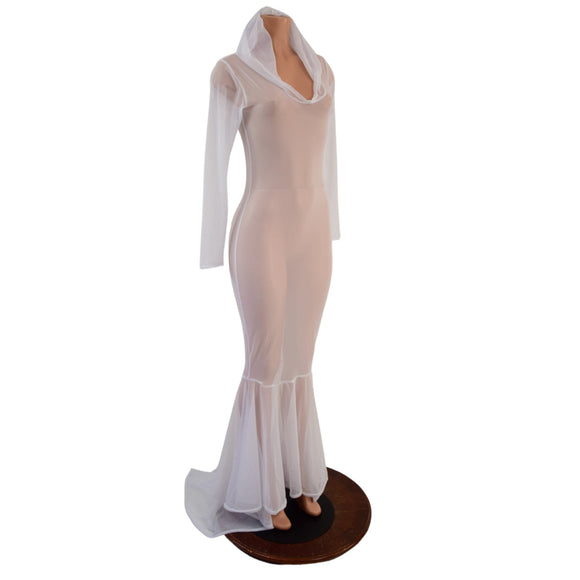 White Mesh Puddle Train Gown - Coquetry Clothing