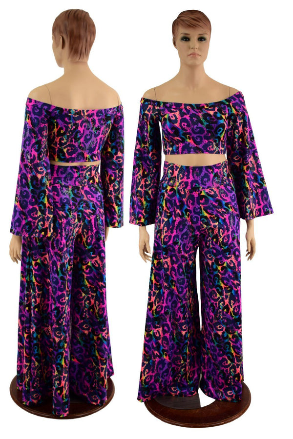 Wide Leg Pants and Ruffled Off Shoulder Top Set - 1