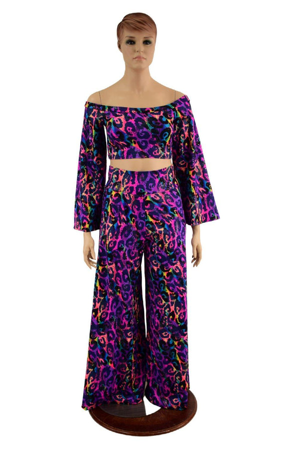 Wide Leg Pants and Ruffled Off Shoulder Top Set - 2
