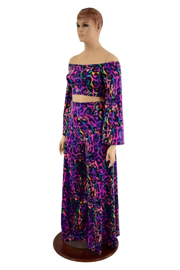 Wide Leg Pants and Ruffled Off Shoulder Top Set - 4