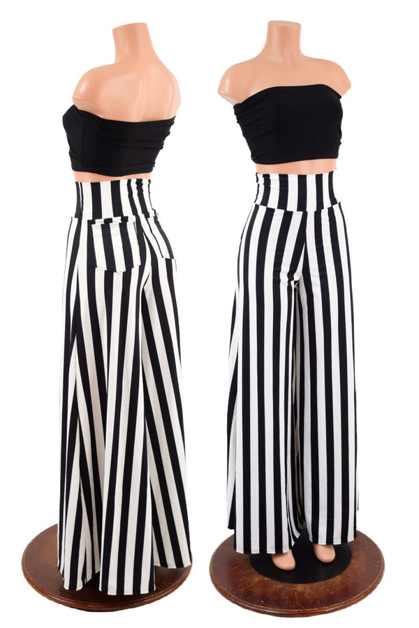 Black & White Striped Wide Leg Pants with Back Pockets - 1