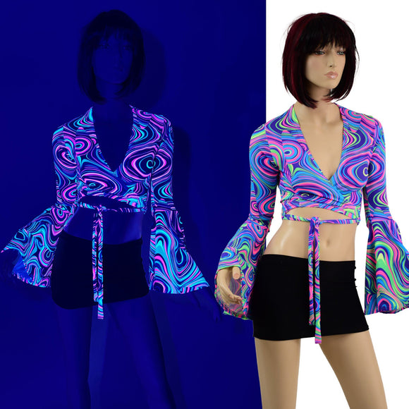 Wrap & Tie Top with Trumpet Sleeves in Glow Worm - Coquetry Clothing