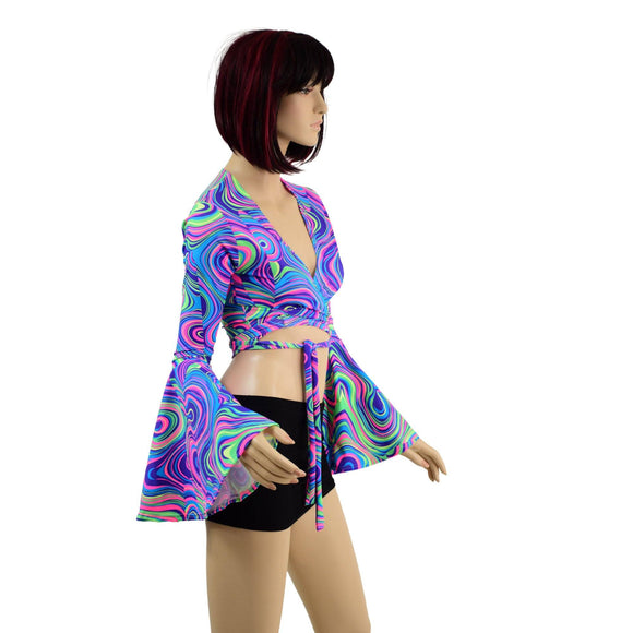 Wrap & Tie Top with Trumpet Sleeves in Glow Worm - Coquetry Clothing