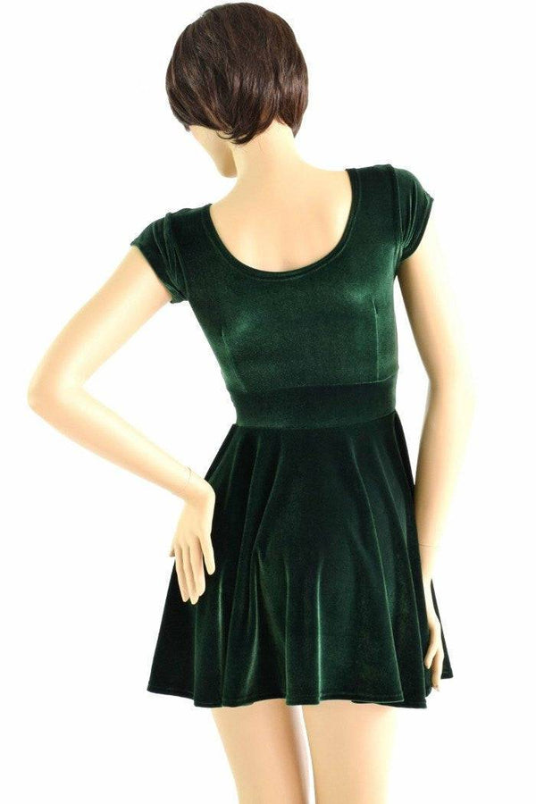 XXS Ready to Ship Forest Green Velvet Skater Dress - 3