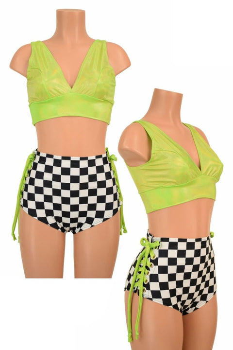 2PC Lime & Checkered Lace Up Set - Coquetry Clothing