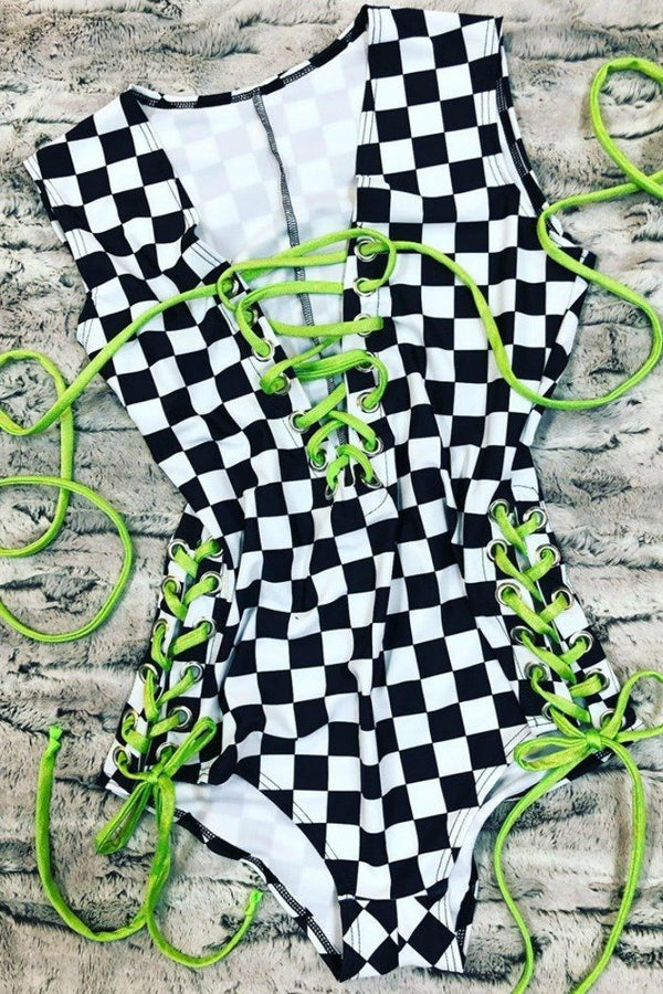Made to Order Checkered Lace Up Romper - 1