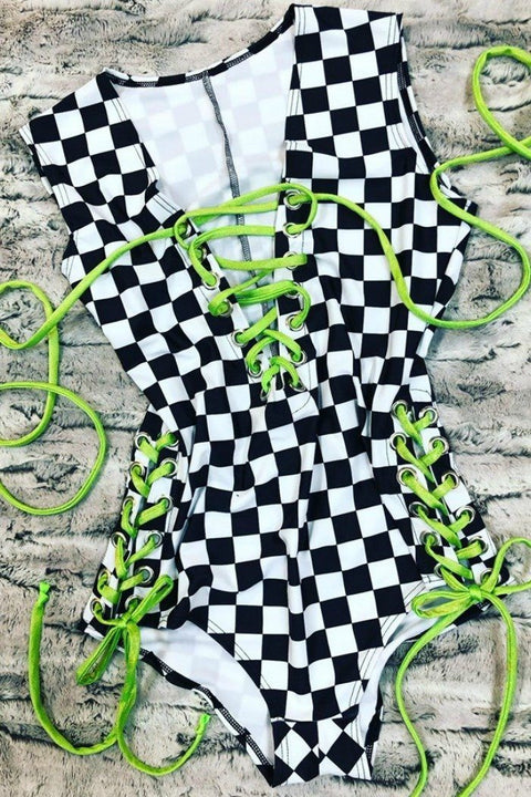 Made to Order Checkered Lace Up Romper - Coquetry Clothing